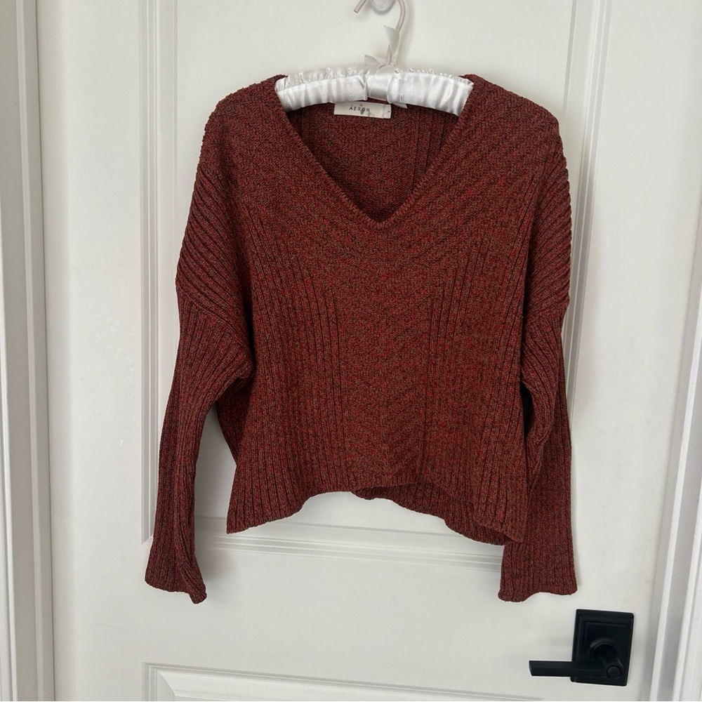 Aeron Marled Orange Brown Heavy Knit Cropped V Neck Sweater Long Sleeve Sz S